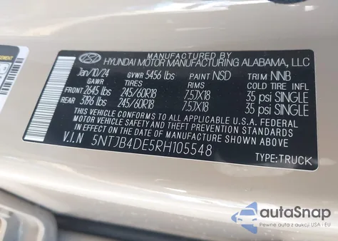 2024 Hyundai Santa Cruz Sel z USA, uszkodzony, nr VIN 5NTJB4DE5RH105548